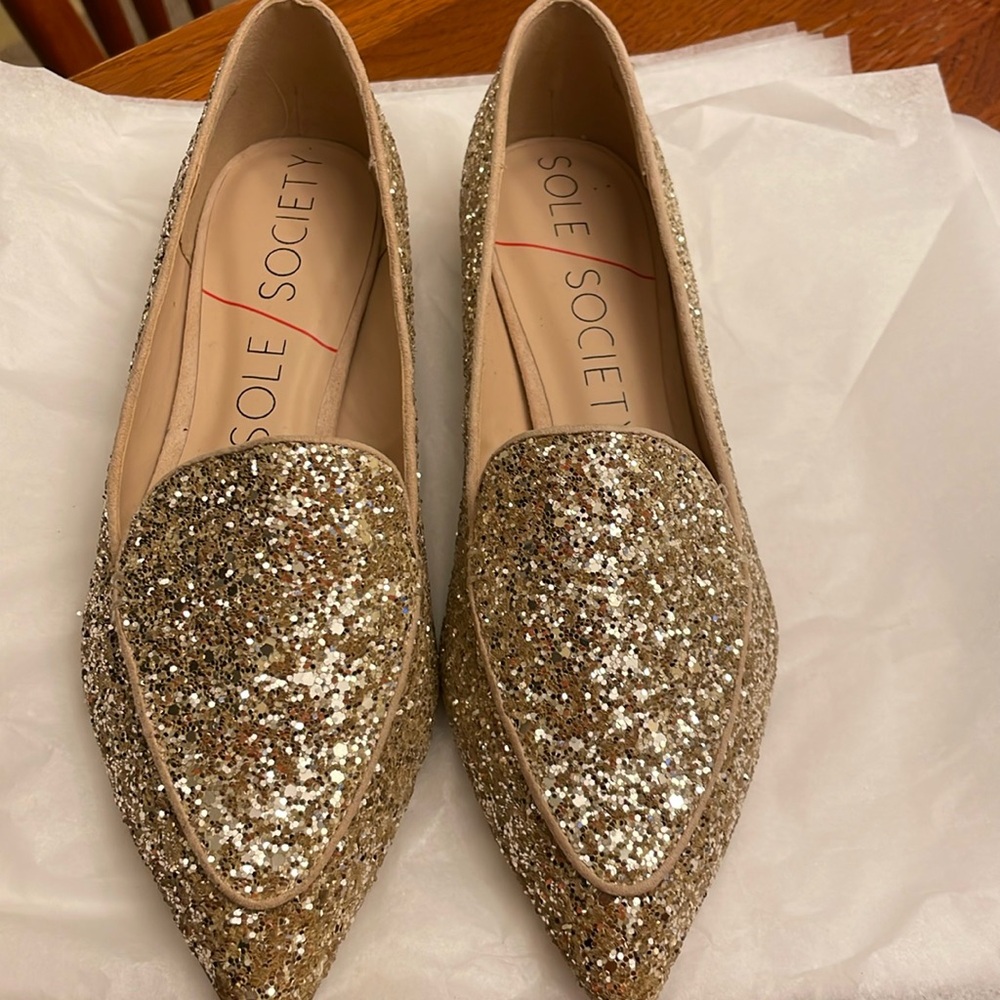 Sole Society platinum glitter pointed toe loafer.  Size 5 perfect preloved shape